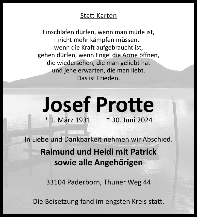  Traueranzeige für Josef Protte vom 13.07.2024 aus Westfalen Blatt