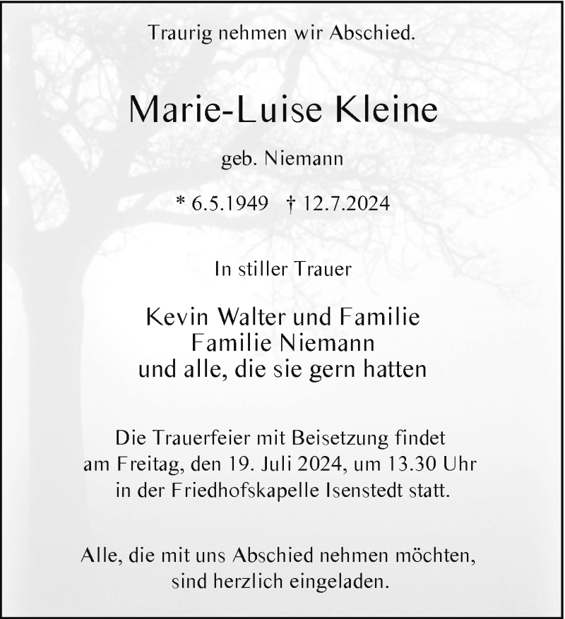  Traueranzeige für Marie-Luise Kleine vom 17.07.2024 aus Westfalen Blatt