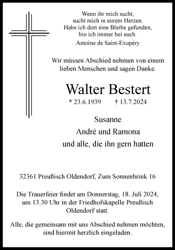 Traueranzeige von Walter Bestert von Westfalen Blatt