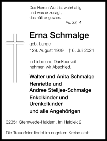 Traueranzeige von Erna Schmalge von Westfalen Blatt