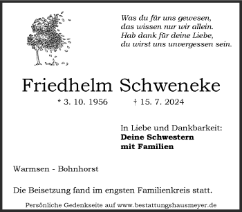 Traueranzeige von Friedhelm Schweneke von Westfalen Blatt