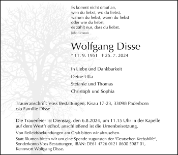 Traueranzeige von Wolfgang Disse von Westfalen Blatt