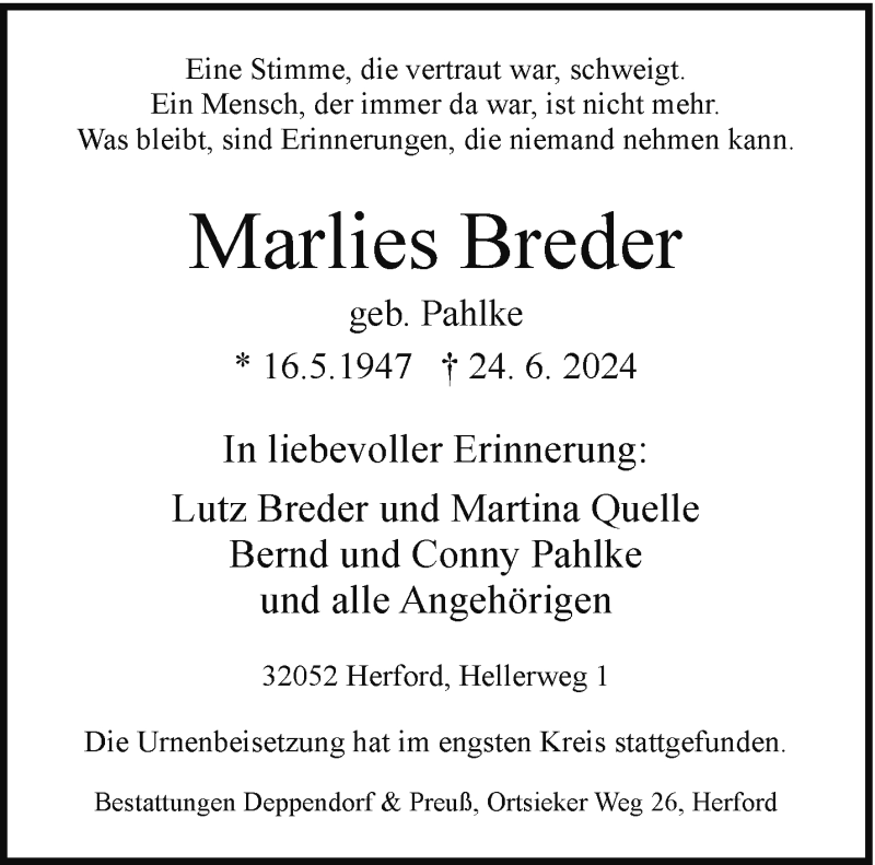  Traueranzeige für Marlies Breder vom 13.07.2024 aus Westfalen Blatt