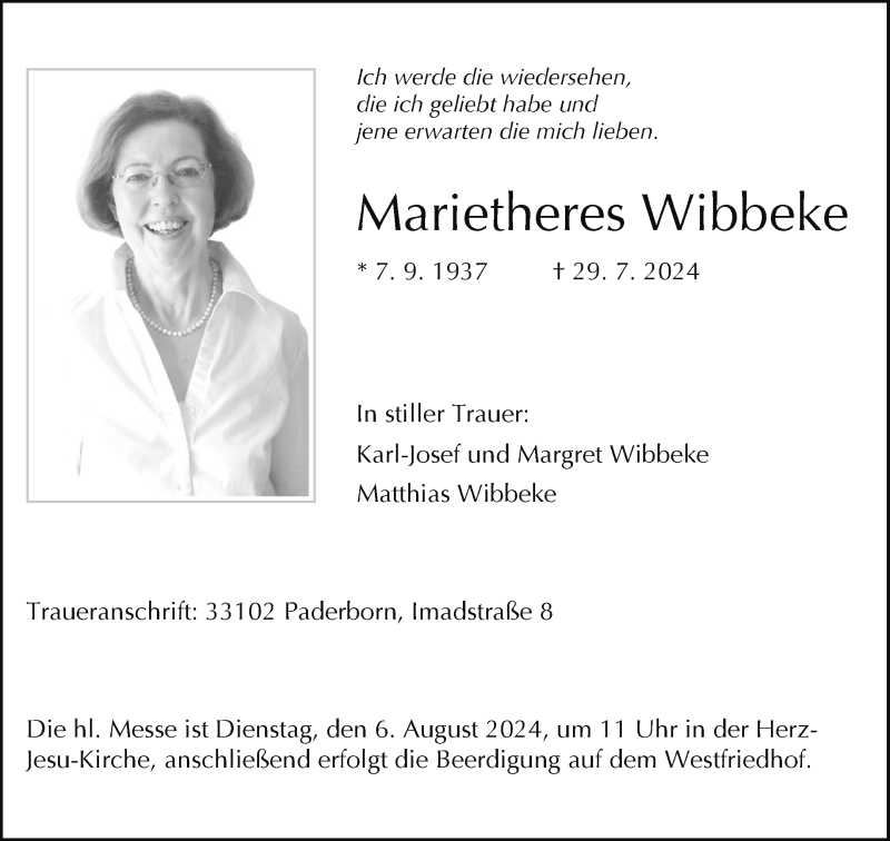  Traueranzeige für Marietheres Wibbeke vom 31.07.2024 aus Westfalen Blatt