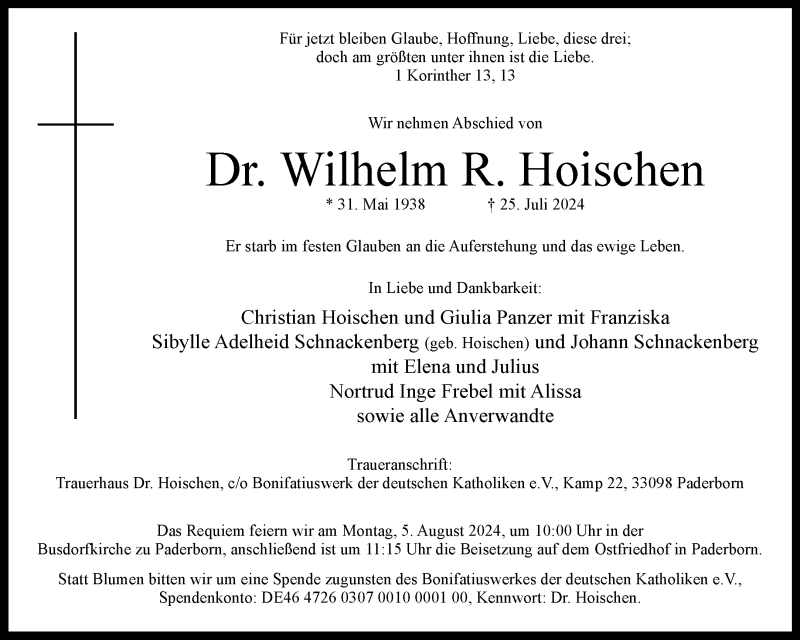  Traueranzeige für Dr. Wilhelm R. Hoischen vom 31.07.2024 aus Westfalen Blatt