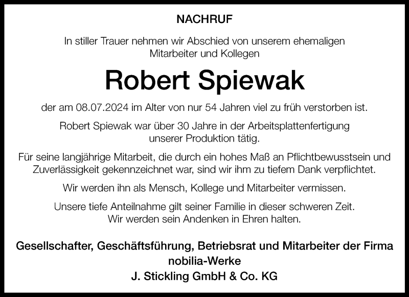  Traueranzeige für Robert Spiewak vom 27.07.2024 aus Westfalen Blatt