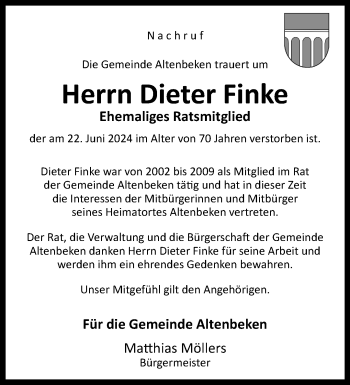 Traueranzeige von Dieter Finke von Westfalen Blatt