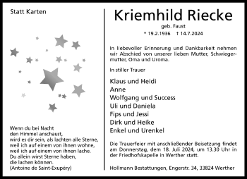 Traueranzeige von Kriemhild Riecke von Westfalen Blatt
