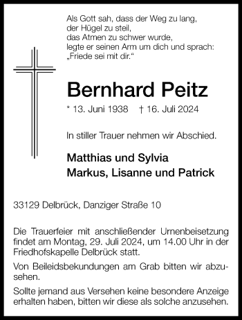 Traueranzeige von Bernhard Peitz von Westfalen Blatt
