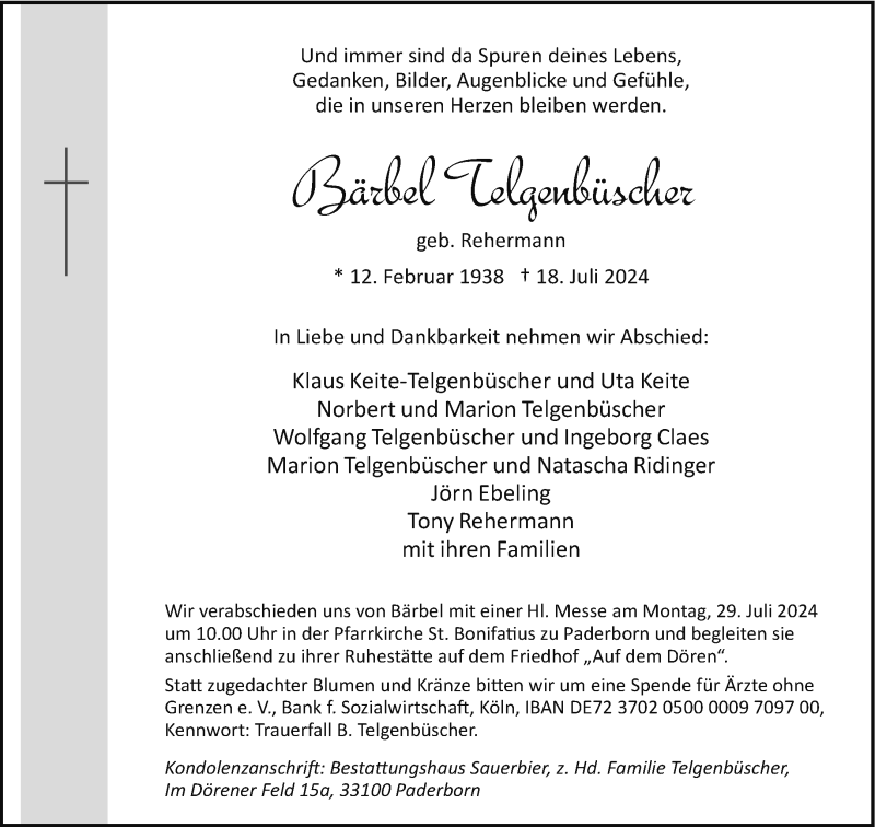  Traueranzeige für Bärbel Telgenbüscher vom 24.07.2024 aus Westfalen Blatt