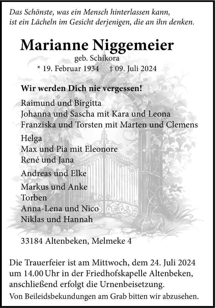  Traueranzeige für Marianne Niggemeier vom 20.07.2024 aus Westfalen Blatt