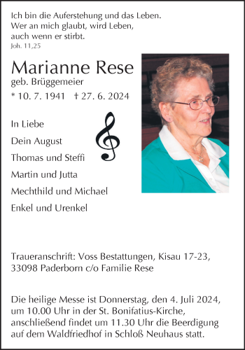 Traueranzeige von Marianne Rese von Westfalen Blatt