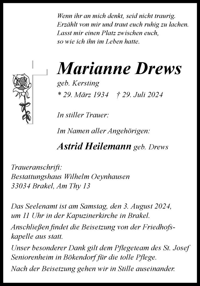  Traueranzeige für Marianne Drews vom 31.07.2024 aus Westfalen Blatt