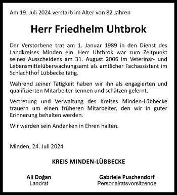Traueranzeige von Friedhelm Uhtbrok von Westfalen Blatt