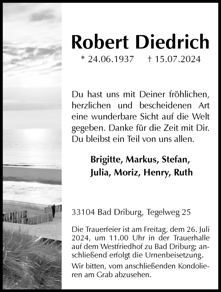  Traueranzeige für Robert Diedrich vom 20.07.2024 aus Westfalen Blatt