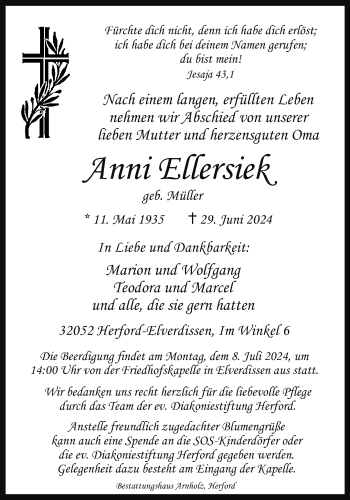 Traueranzeige von Anni Ellersiek von Westfalen Blatt