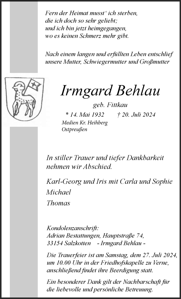  Traueranzeige für Irmgard Behlau vom 24.07.2024 aus Westfalen Blatt