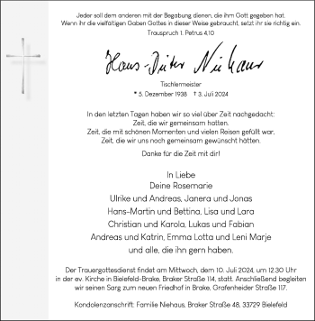 Traueranzeige von Hans Dieter Niehaus von Westfalen Blatt