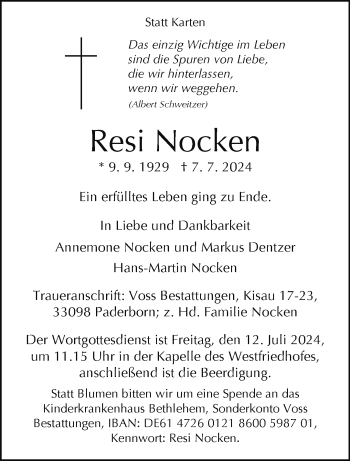 Traueranzeige von Resi Nocken von Westfalen Blatt