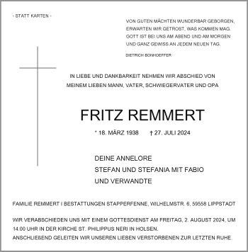 Traueranzeige von Fritz Remmert von Westfalen Blatt