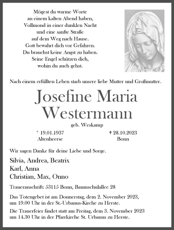 Traueranzeige von Josefine Maria Westermann von Westfalen Blatt