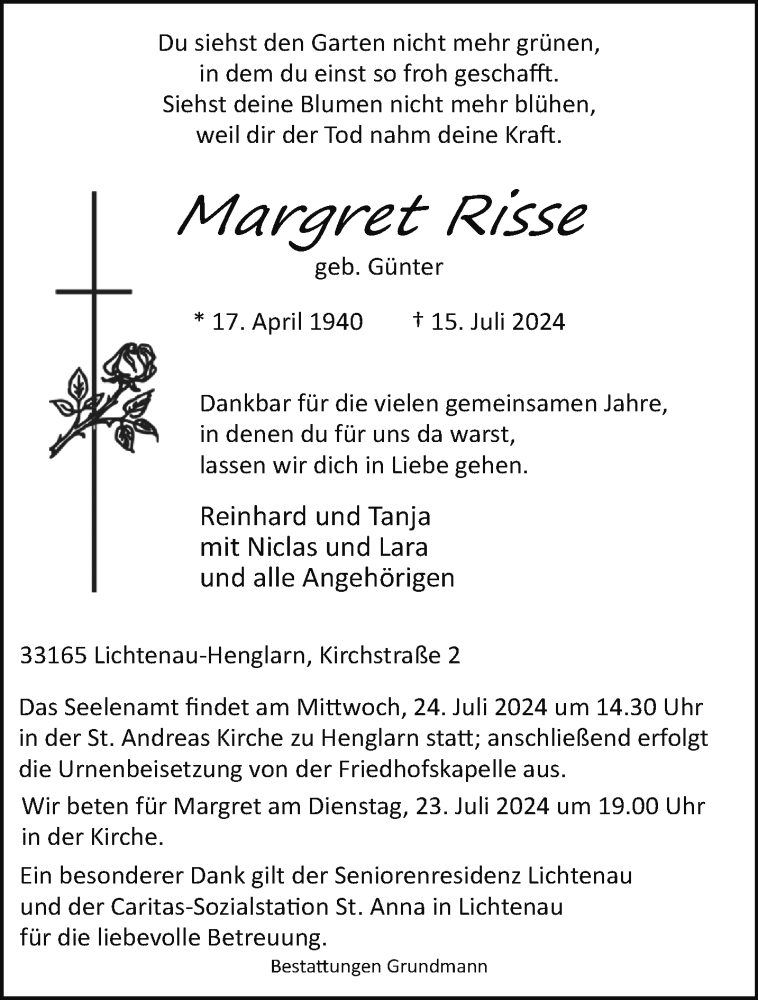  Traueranzeige für Margret Risse vom 20.07.2024 aus Westfalen Blatt
