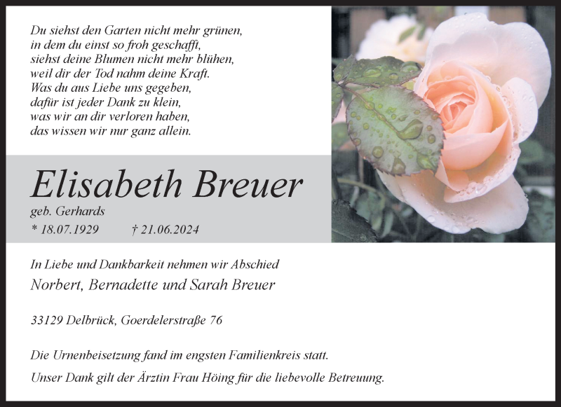  Traueranzeige für Elisabeth Breuer vom 06.07.2024 aus Westfalen Blatt