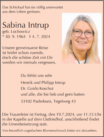 Traueranzeige von Sabina Intrup von Westfalen Blatt