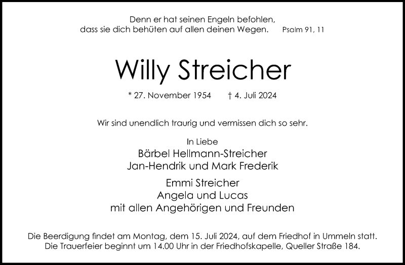  Traueranzeige für Willy Streicher vom 10.07.2024 aus Westfalen Blatt