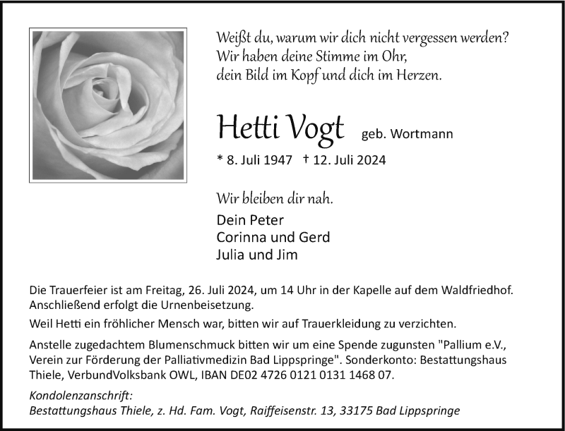  Traueranzeige für Hetti Vogt vom 20.07.2024 aus Westfalen Blatt