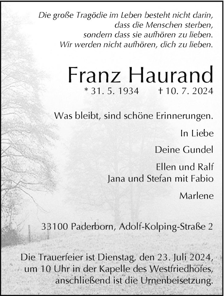  Traueranzeige für Franz Haurand vom 13.07.2024 aus Westfalen Blatt