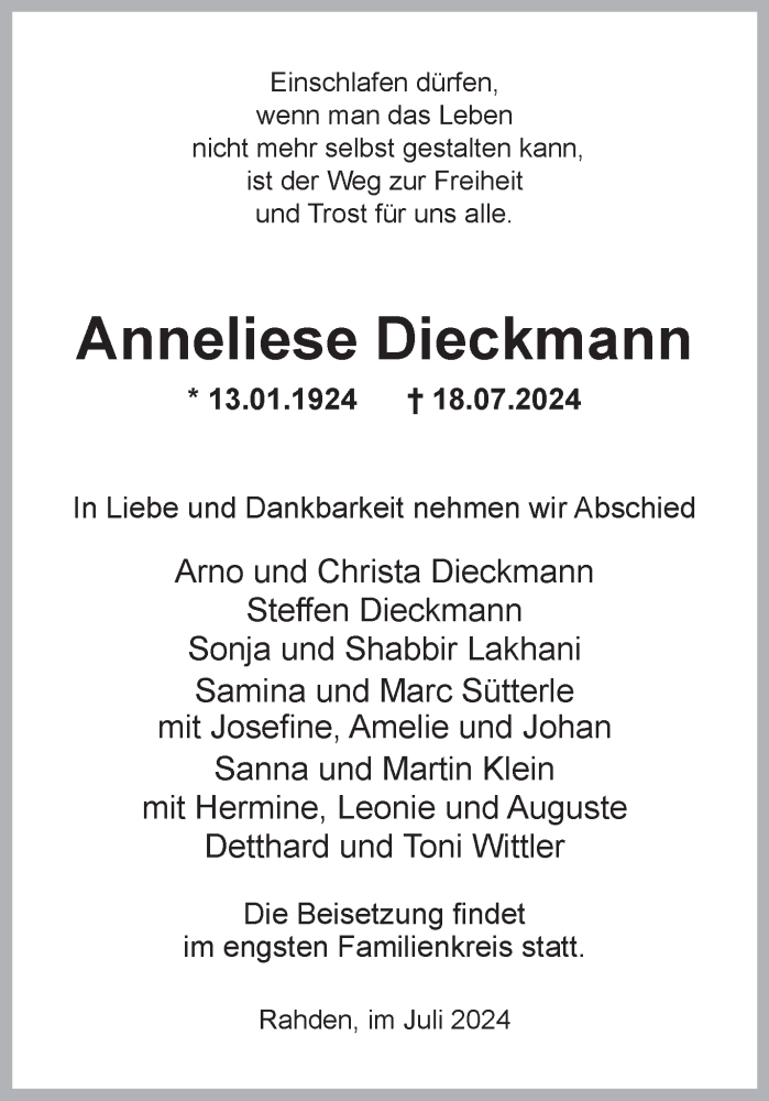  Traueranzeige für Anneliese Dieckmann vom 27.07.2024 aus Westfalen Blatt