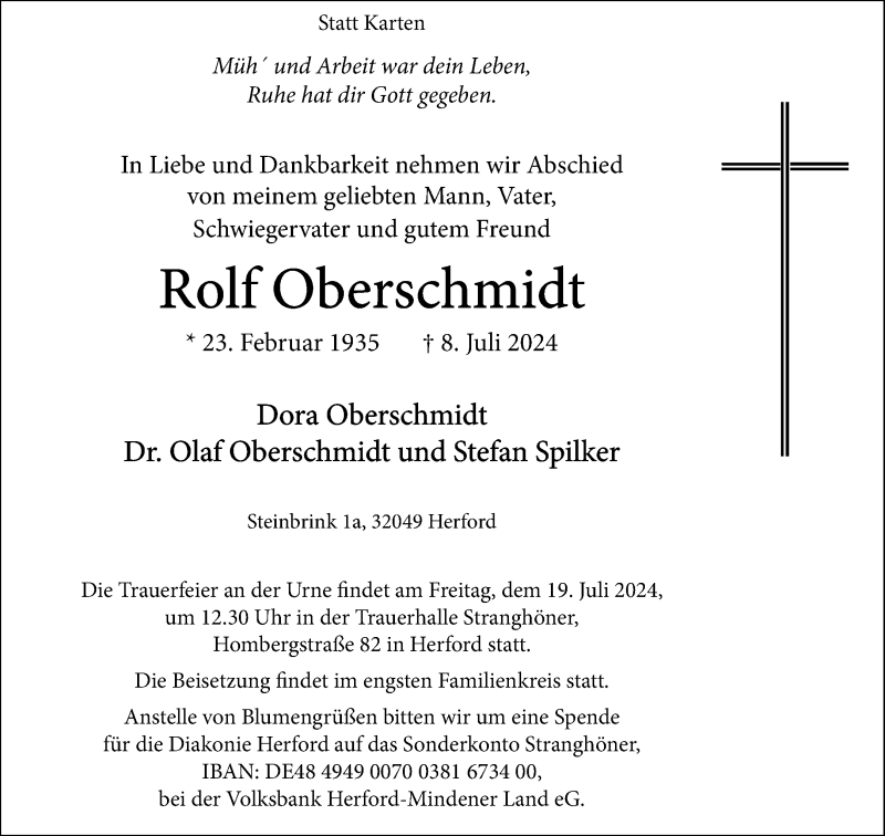  Traueranzeige für Rolf Oberschmidt vom 13.07.2024 aus Westfalen Blatt