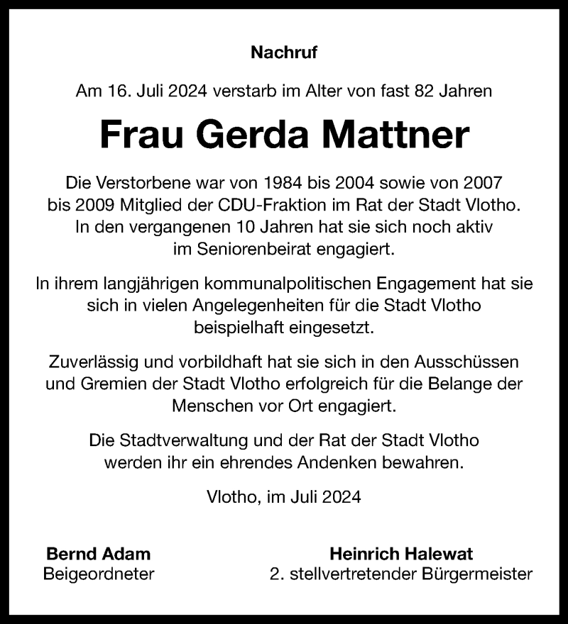  Traueranzeige für Gerda Mattner vom 27.07.2024 aus Westfalen Blatt