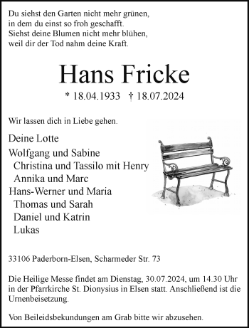 Traueranzeige von Hans Fricke von Westfalen Blatt