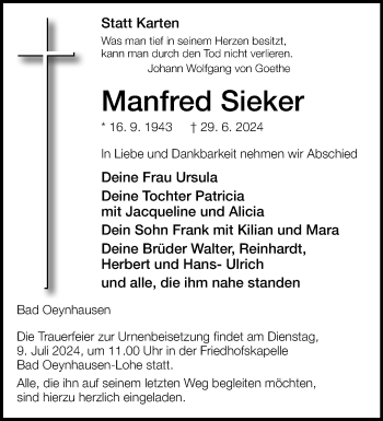 Traueranzeige von Manfred Sieker von Westfalen Blatt