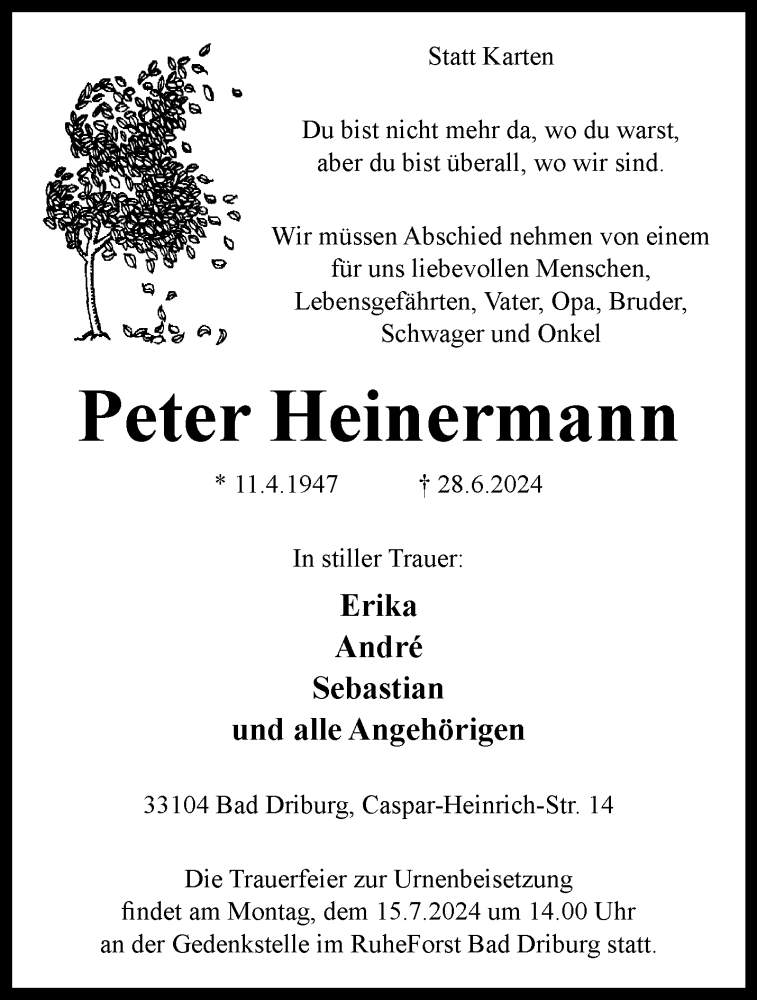  Traueranzeige für Peter Heinermann vom 10.07.2024 aus Westfalen Blatt