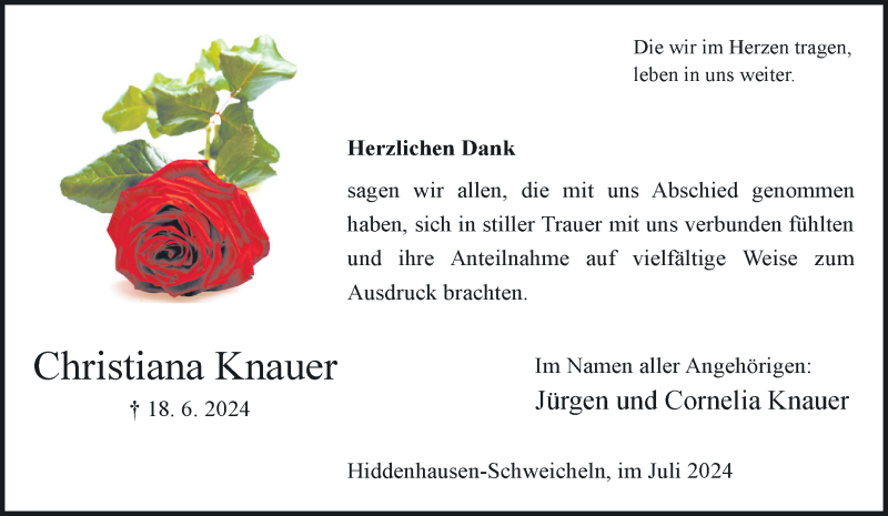  Traueranzeige für Christiana Knauer vom 27.07.2024 aus Westfalen Blatt