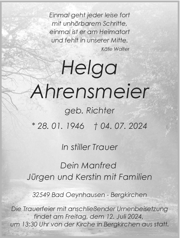  Traueranzeige für Helga Ahrensmeier vom 06.07.2024 aus Westfalen Blatt