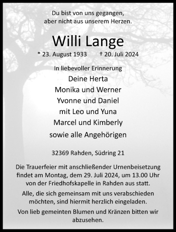 Traueranzeige von Willi Lange von Westfalen Blatt