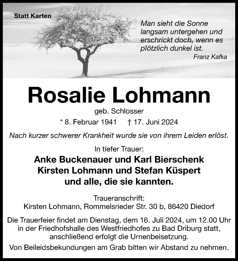  Traueranzeige für Rosalie Lohmann vom 06.07.2024 aus Westfalen Blatt