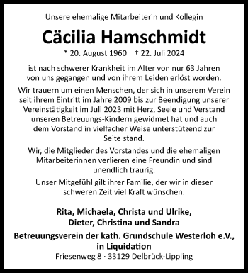 Traueranzeige von Cäcilia Hamschmidt von Westfalen Blatt
