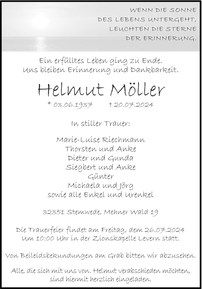  Traueranzeige für Helmut Möller vom 23.07.2024 aus Westfalen Blatt
