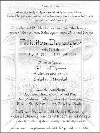 Traueranzeige von Felicitas Danziger von Westfalen Blatt
