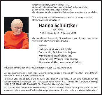 Traueranzeige von Hanna Schnittker von Westfalen Blatt