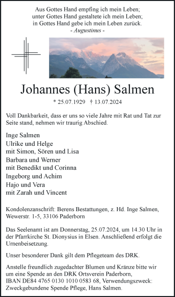 Traueranzeige von Johannes Salmen von Westfalen Blatt