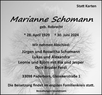 Traueranzeige von Marianne Schomann von Westfalen Blatt