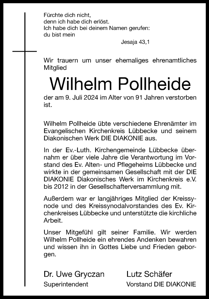  Traueranzeige für Wilhelm Pollheide vom 18.07.2024 aus Westfalen Blatt