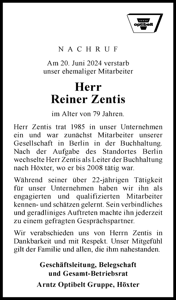  Traueranzeige für Reiner Zentis vom 04.07.2024 aus Westfalen Blatt