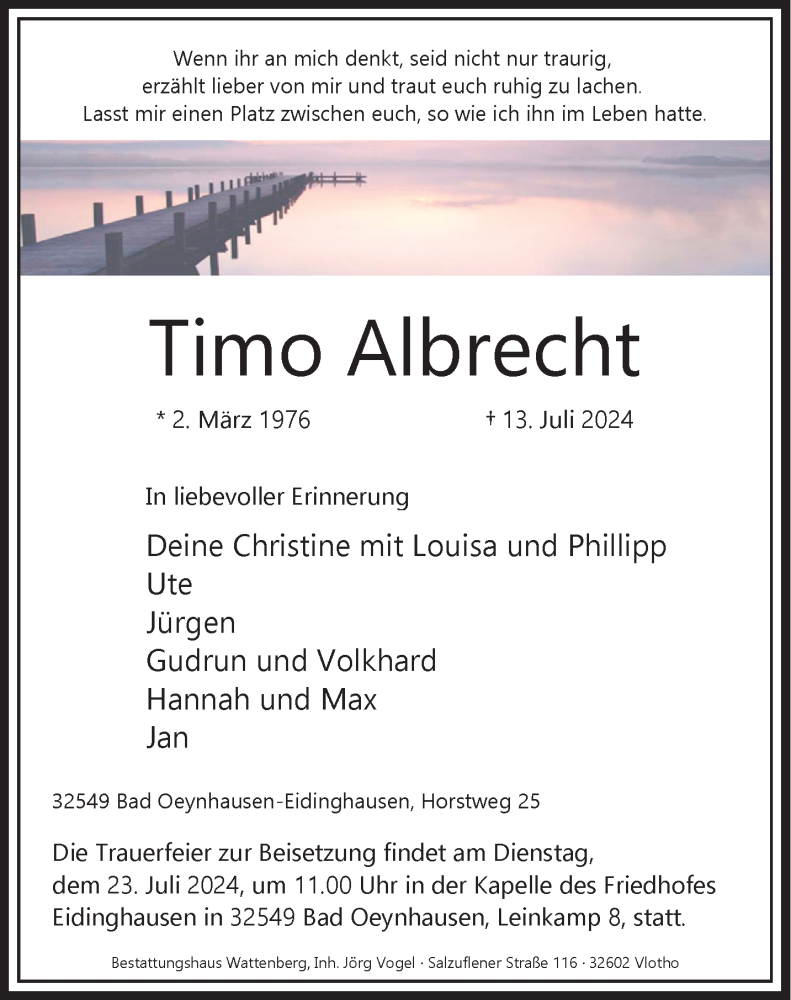  Traueranzeige für Timo Albrecht vom 18.07.2024 aus Westfalen Blatt